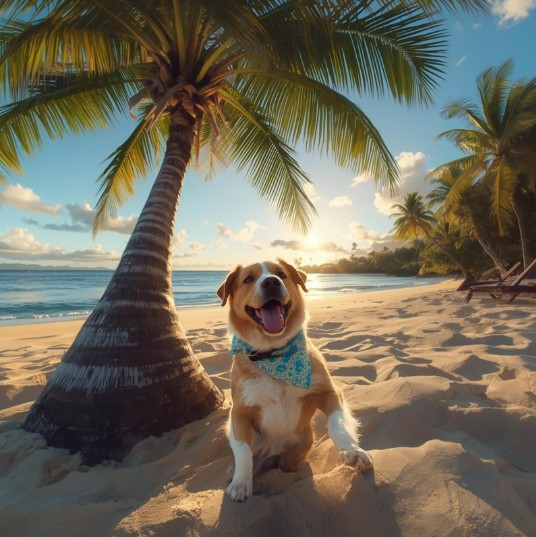 Dog playing by a palm tree on the beach