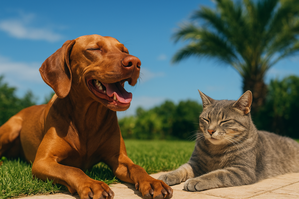 Dog and cat outside enjoying the Florida sun