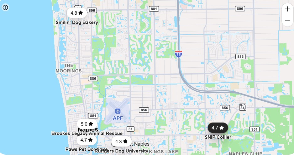 Map for SNIP Collier Pet Fest in Downtown Naples January 2026