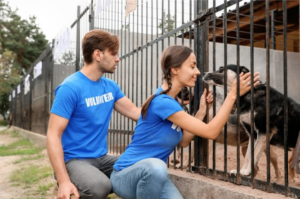 Dogs being loved by pet shelter volunteers. 