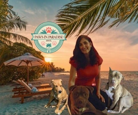 Karen Fowler with Paw In Paradise SWFL and two of her pups, Dakota and Bucko in Naples Florida.