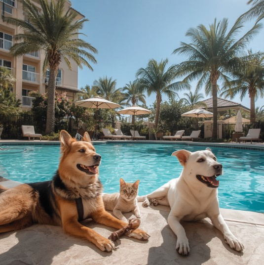 Pet Friendly Hotels Southwest Florida - New Video Series 3 Dogs and Cats enjoying the outside pool area of a pet friendly hotel Southwest Florida